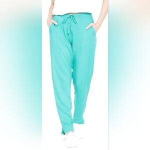 Jeno Neuman Women's Crinkle Palazzo Pants Pull On Turquoise Cotton Blend Medium